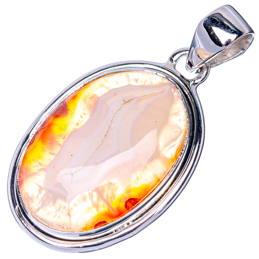 Oval Botswana agate pendant, polished 925 sterling silver setting with golden orange tones