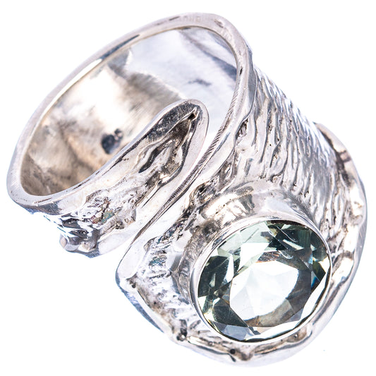 Textured .925 silver amethyst ring with oval green faceted gemstone, side view