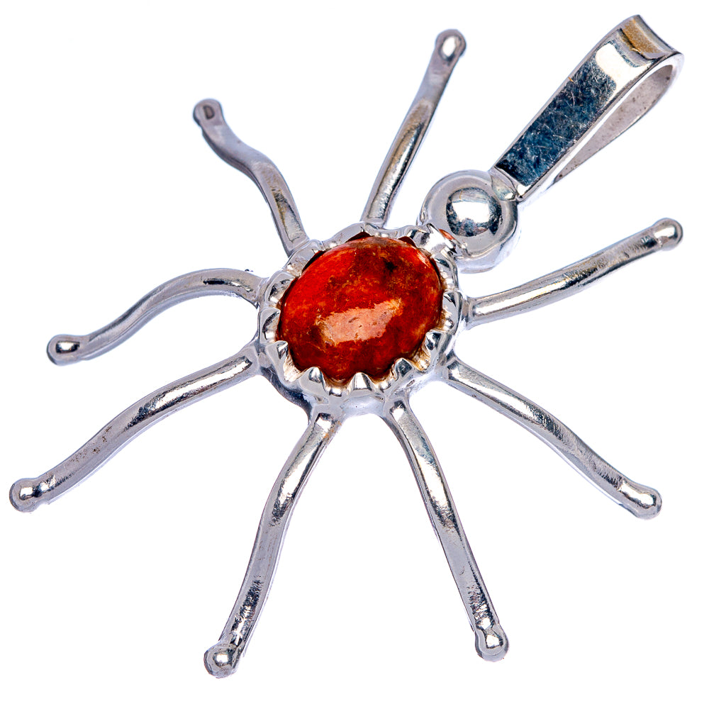 925 sterling silver spider pendant with red coral cabochon and arched silver legs
