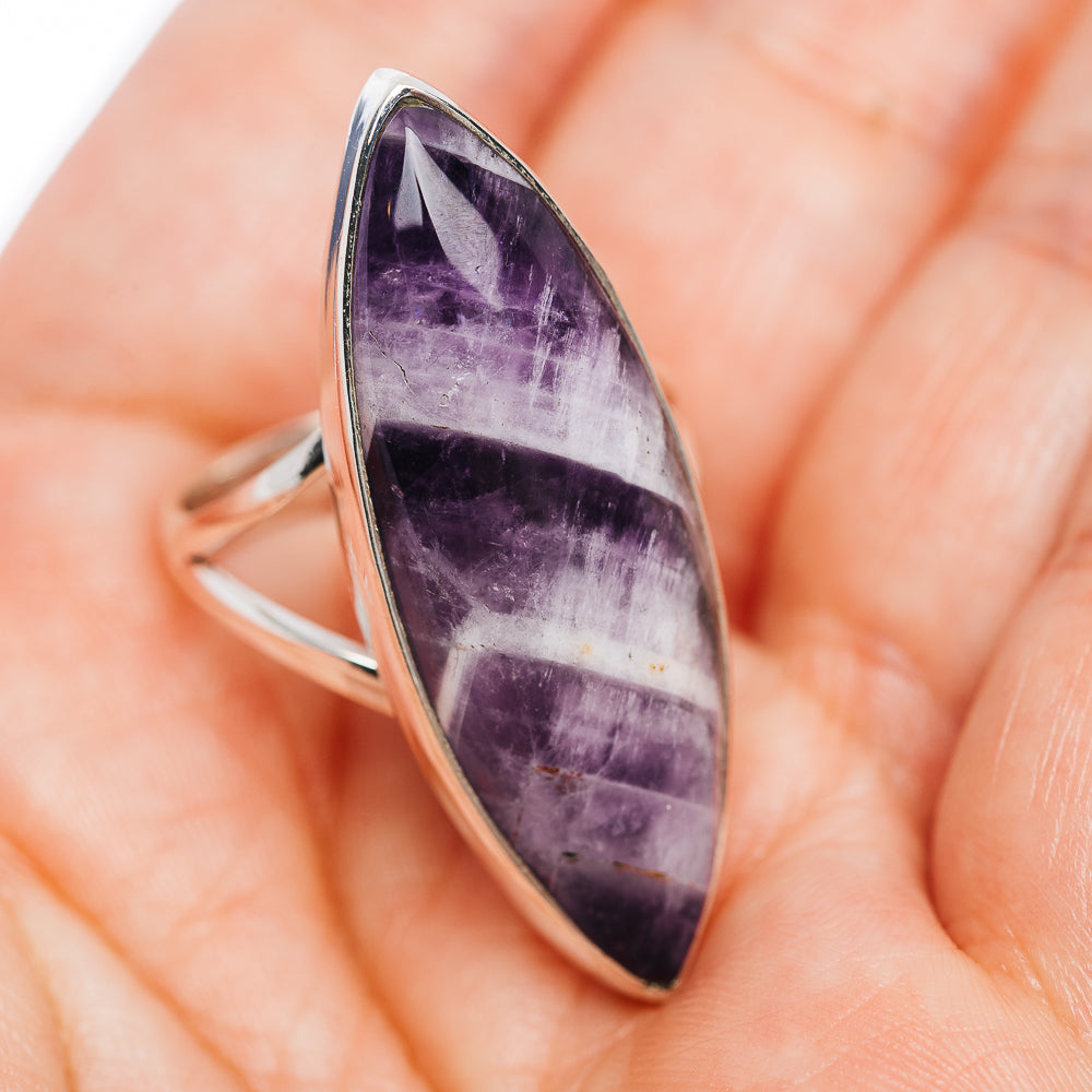 Amethyst marquise ring, .925 sterling silver bezel setting on purple stone