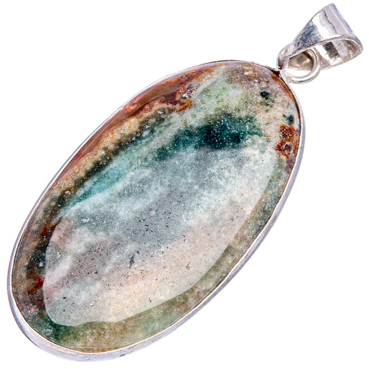 Oval ocean jasper pendant in silver-plated setting, mottled green, gray, and rust