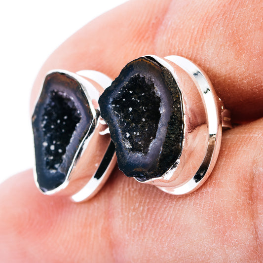 Sterling silver geode earrings with large dark druzy ovals, rounded bezel settings