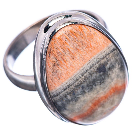 Oval cabochon stone ring in .925 sterling silver, orange-gray marble, side angle view