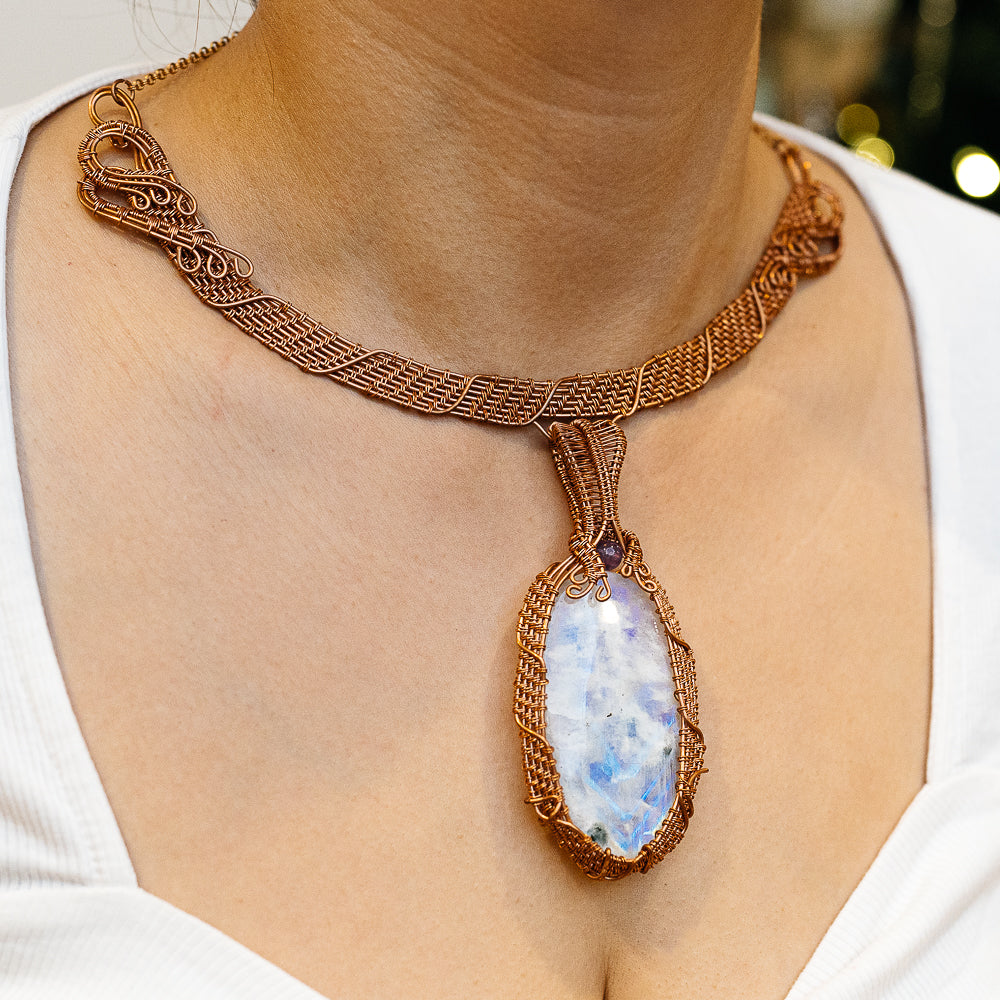Rainbow Moonstone Wire Wrap Necklace (Copper)