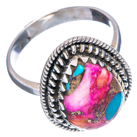 Sterling silver band with rope bezel and oval pink/orange gemstone, turquoise blue side inset