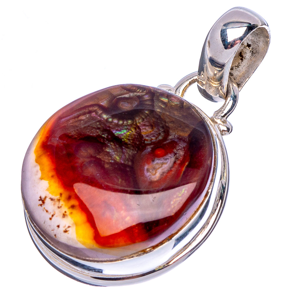 Sterling silver fire agate pendant, round cabochon with orange-yellow fire and deep red swirls