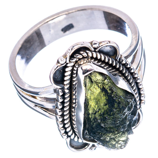 Sterling silver ring with green moldavite stone and braided frame, size 6.75