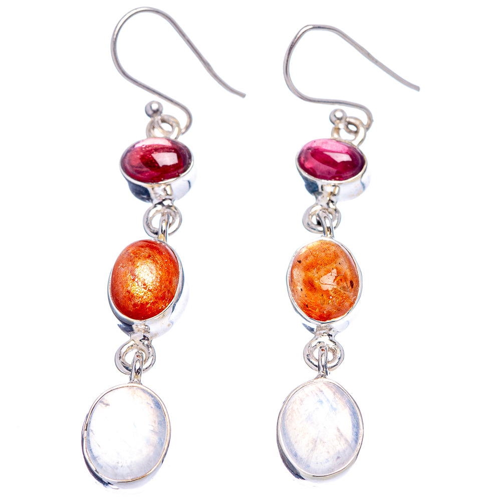 Premium Sunstone, Rainbow Moonstone, Garnet Earrings 2 1/8" (.925 Sterling Silver)