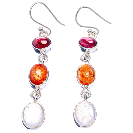 Sterling silver dangle earrings with red top, orange middle, and white bottom oval stones