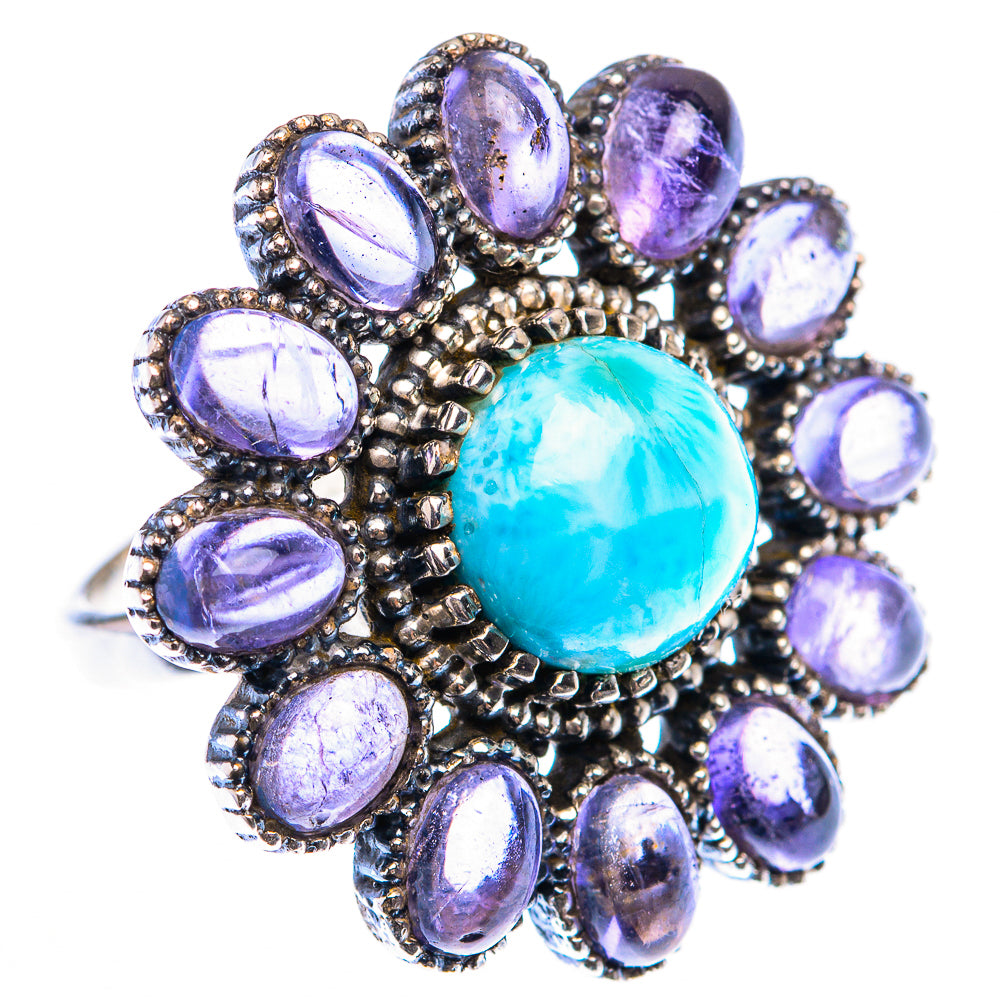 Sterling silver ring with large oval blue gemstone center and purple oval halo, beaded