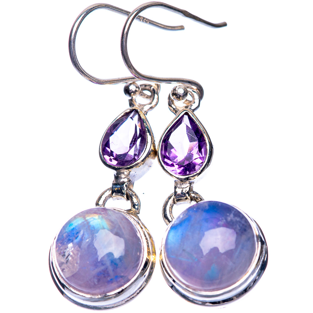 Amethyst and rainbow moonstone dangle earrings in sterling silver with leverbacks