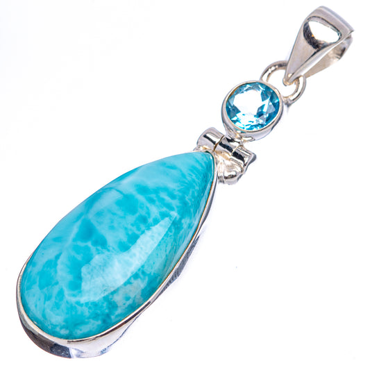 Larimar teardrop pendant in sterling silver with round blue topaz bail and bezel