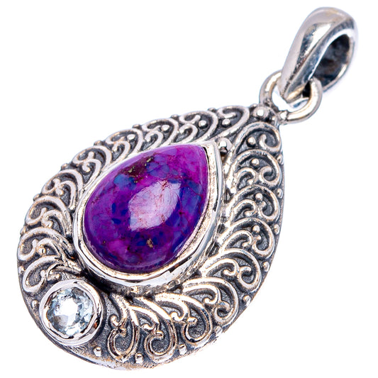 Sterling silver teardrop pendant, ornate scroll frame, purple gemstone, clear stones