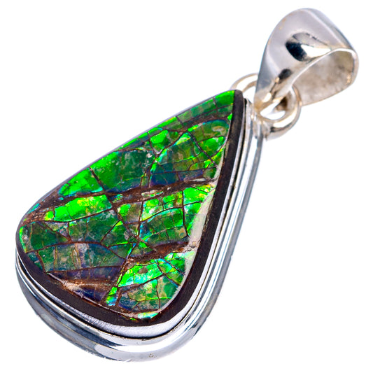 Sterling silver ammolite teardrop pendant, polished bezel with bright green mosaic stone