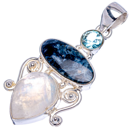 Sterling silver gemstone pendant with blue topaz, dark blue pietersite, and opalescent stone