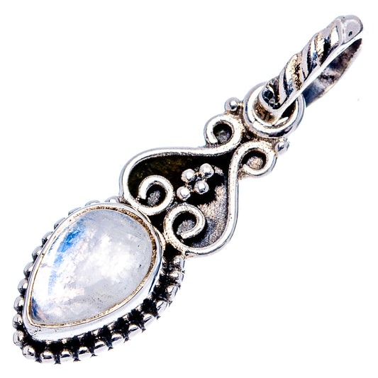 Sterling silver oval moonstone pendant with ornate scrollwork and decorative bezel edge