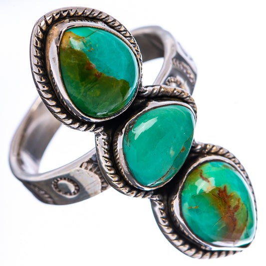 Sterling silver turquoise ring with three oval cabochon stones in braided bezels