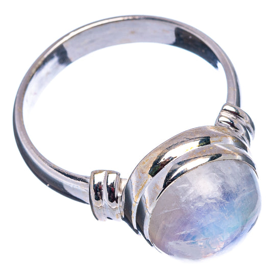 Sterling silver moonstone ring with round iridescent cabochon, size 7.75