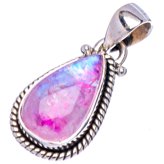 Pink moonstone teardrop pendant with bail and rope-edge sterling silver border