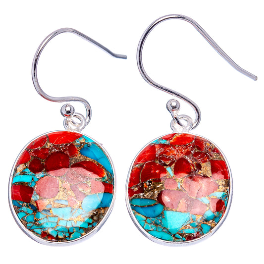 Sterling silver oval coral and turquoise matrix drop earrings, dangling pair