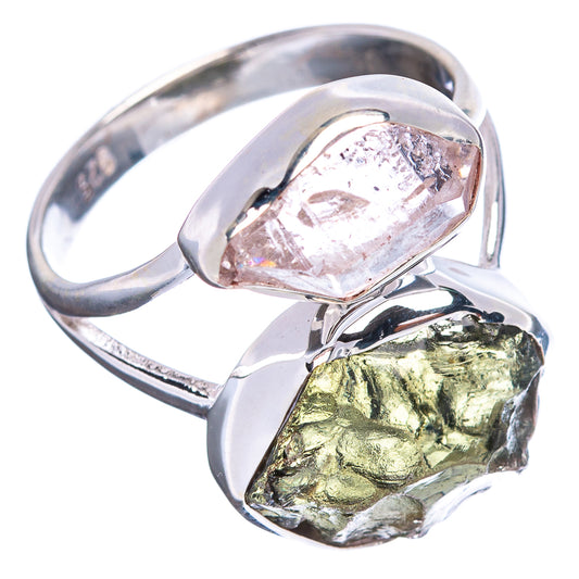 Sterling silver ring, side view, with pale pink and metallic green faceted stones in prongs