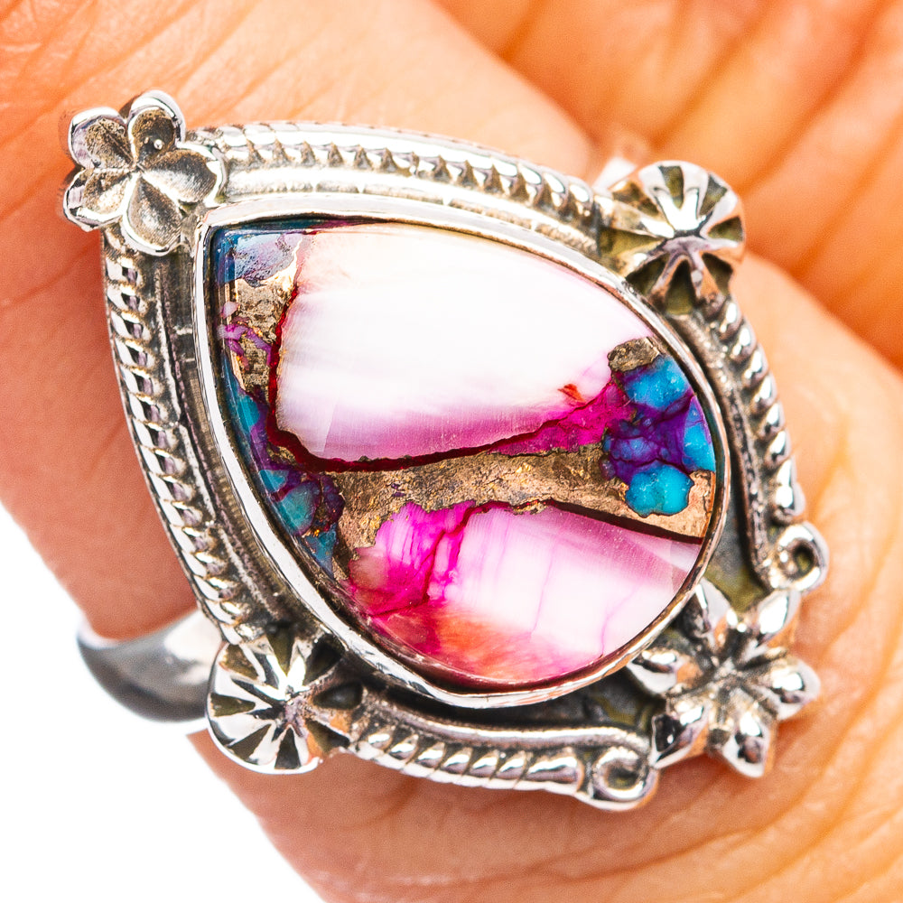 Southwestern Style Pink Dahlia Turquoise Ring Size 7 (.925 Sterling Silver)