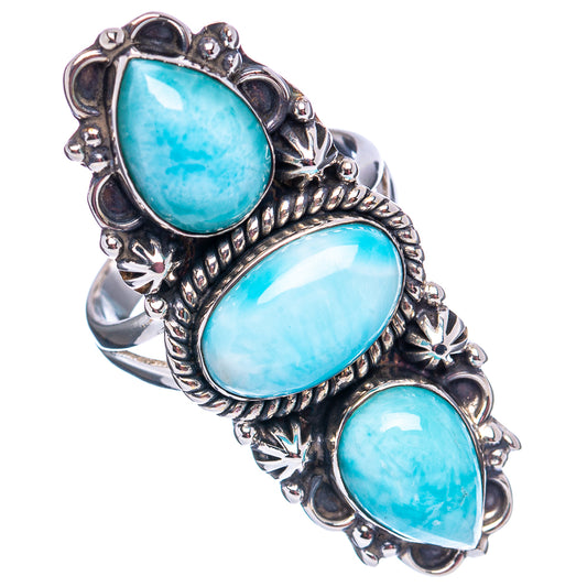 Sterling silver larimar ring, oval blue cabochon stones with starburst engravings