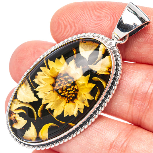 Amber Intaglio Sunflower Pendant 2 1/8" (925 Sterling Silver) P42577