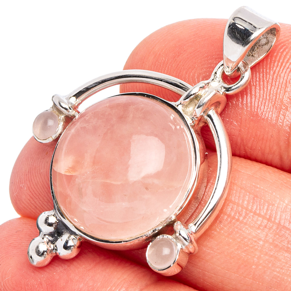 Rose quartz pendant in 925 sterling silver, round cabochon with bail and small accents