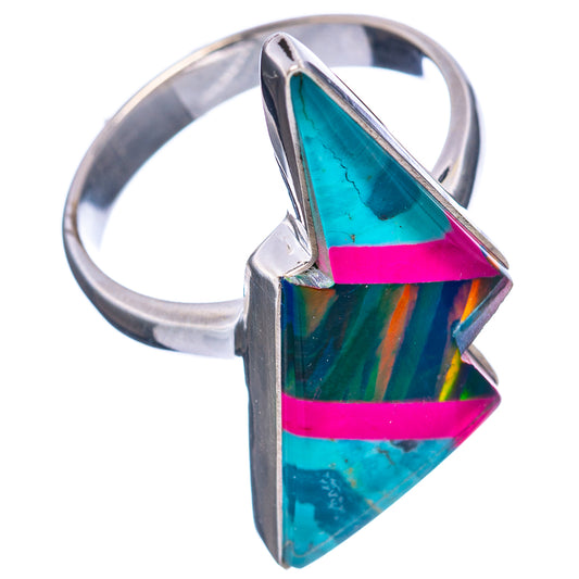 Sterling silver opal bolt ring, stacked triangular turquoise gemstone with magenta stripe