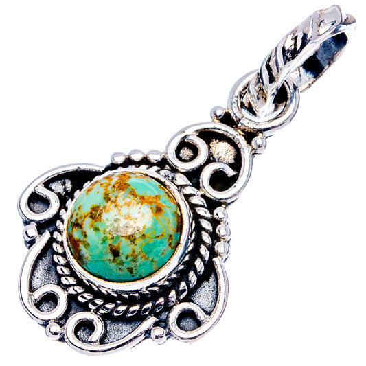 Sterling silver dainty pendant with round turquoise gemstone and ornate setting