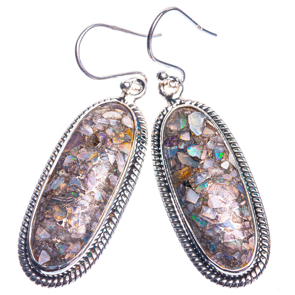 Sterling silver oval drop earrings with iridescent mosaic opal stone and beaded border