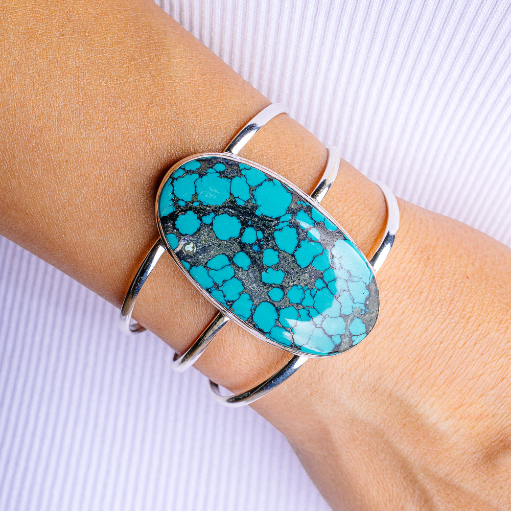 Rare Tibetan Turquoise Cuff Bracelet Adjustable (.925 Sterling Silver)