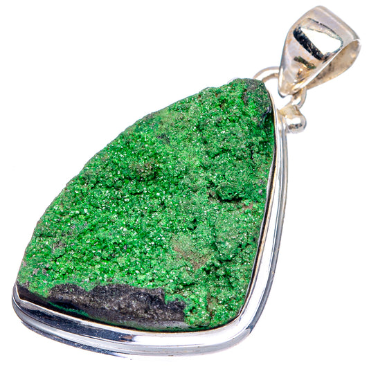 Uvarovite garnet pendant with green crystal stone, arched .925 sterling silver frame