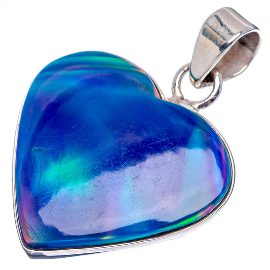 Blue heart opal pendant with light iridescence, .925 sterling silver frame and bail