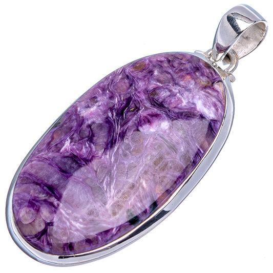 Purple charoite oval cabochon pendant with polished .925 sterling silver frame and bail