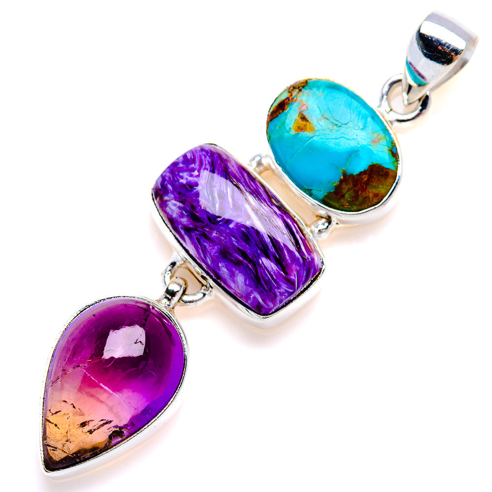 Charoite, Ametrine, Tibetan Turquoise Pendant 2 1/4" (925 Sterling Silver) PD38108