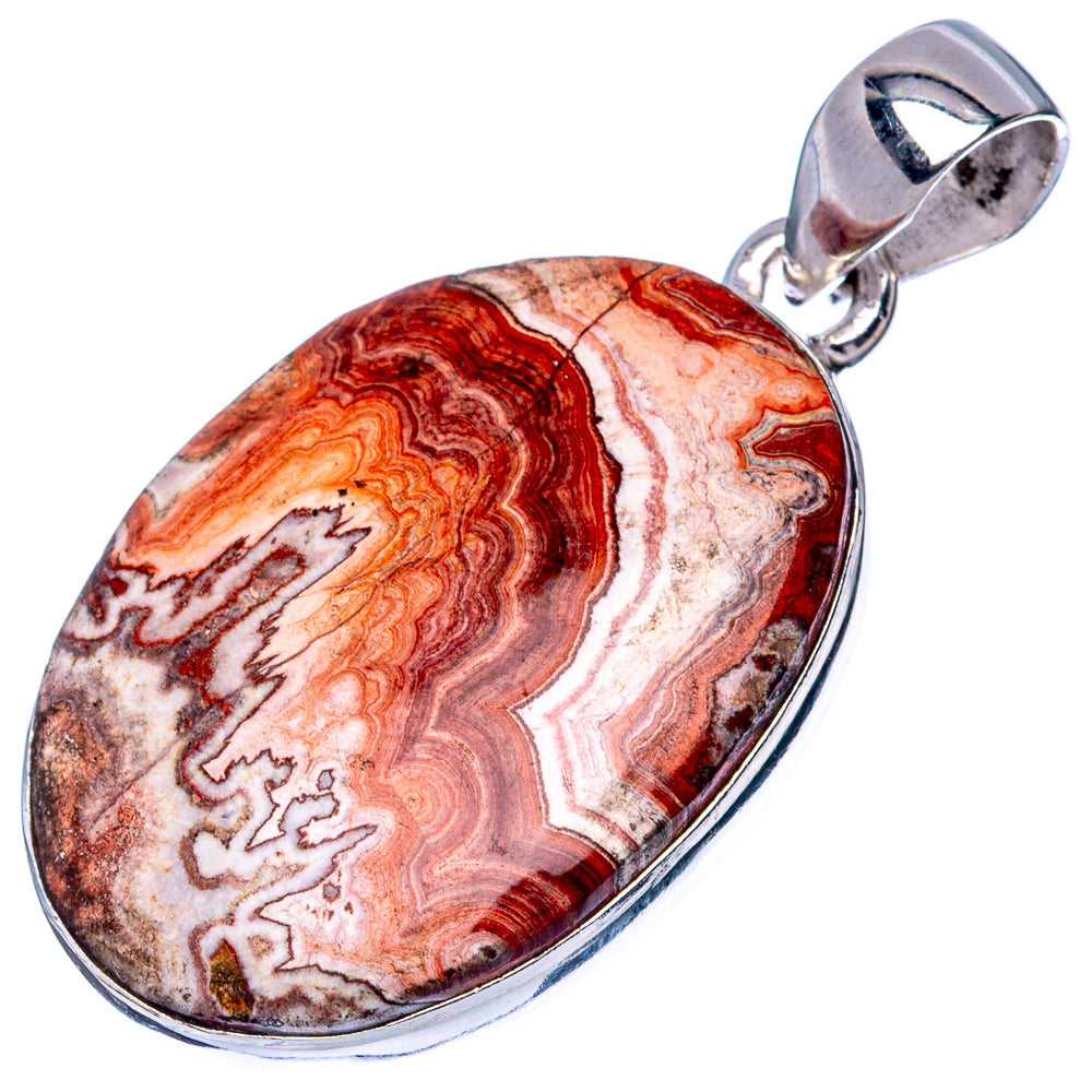 Oval crazy lace agate pendant with sterling silver frame and bail, orange-red and white swirls