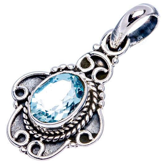 Blue topaz pendant, .925 sterling silver, oval blue gemstone with filigree frame