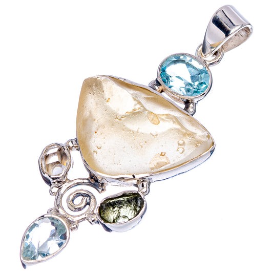 Signature Libyan Desert Glass, Moldavite, Blue Topaz, Herkimer Diamond Pendant 2" (.925 Sterling Silver)