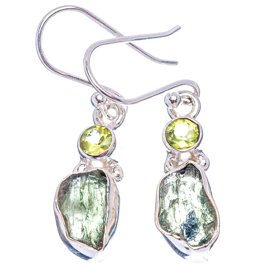 Sterling silver moldavite earrings with lime-green round stones and faceted rough drops