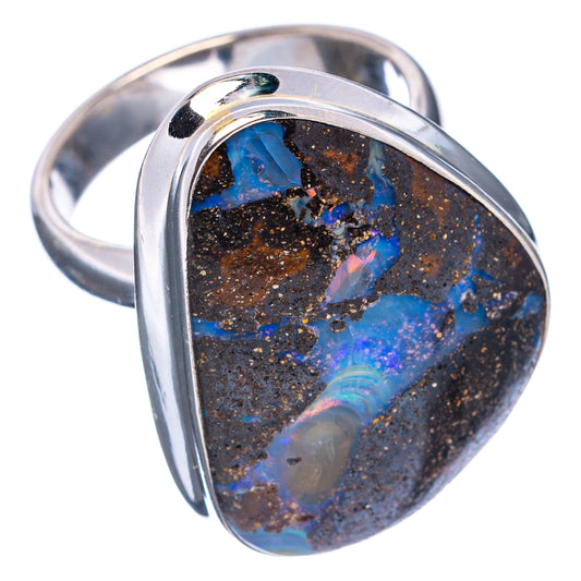 Sterling silver boulder opal ring with oval dark stone and vivid blue flashes