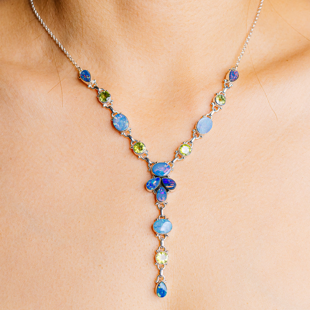 Doublet Opal, Peridot Necklace 18 to 20" (.925 Sterling Silver)