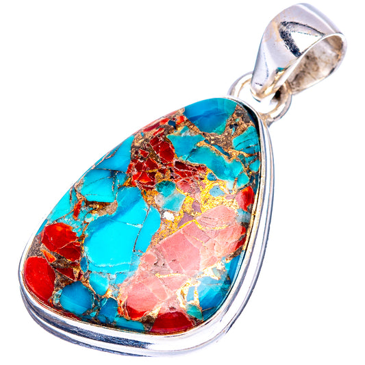 Sterling silver coral matrix teardrop pendant with turquoise, red, and pink stone inlay