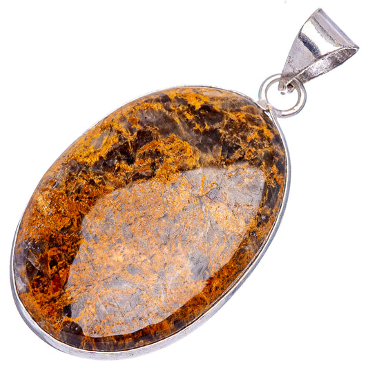 Tube agate pendant with silver-plated rim and loop bail; mottled orange and gray stone