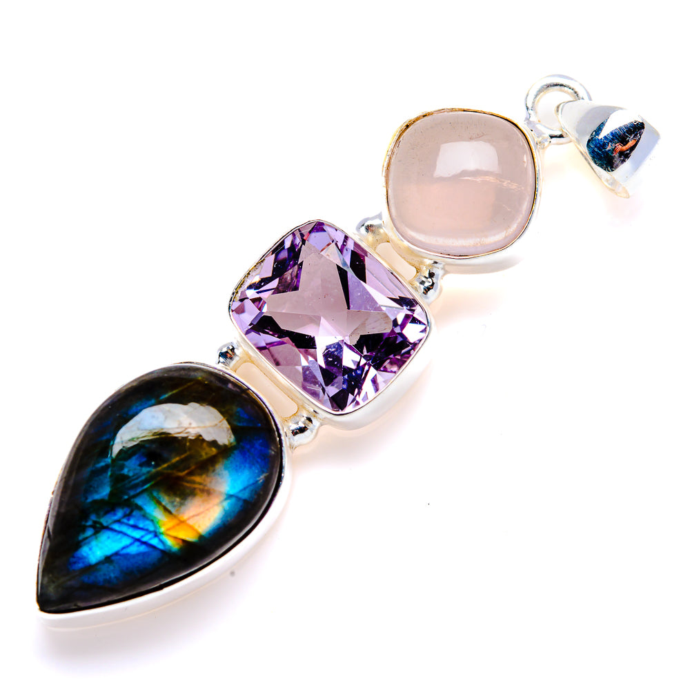 Sterling silver gemstone pendant with purple amethyst, pink rose quartz and labradorite teardrop