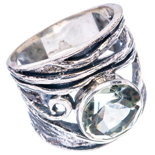 Oval green amethyst statement ring in oxidized sterling silver with swirling bands