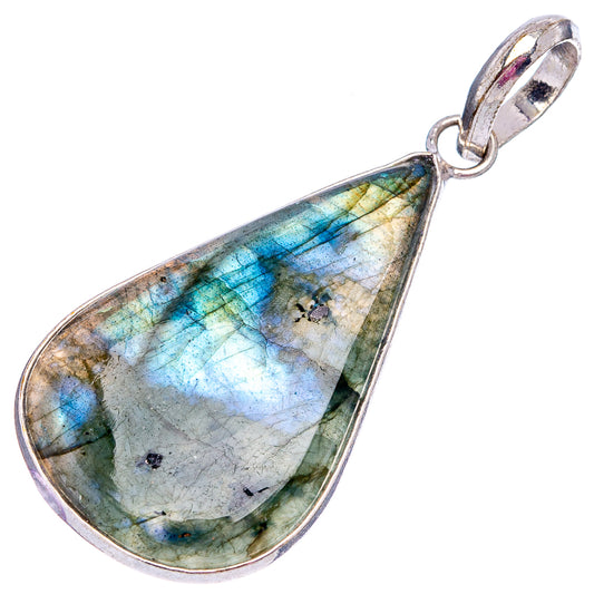 Silver-plated labradorite teardrop pendant with bail, multi-color iridescent flashes