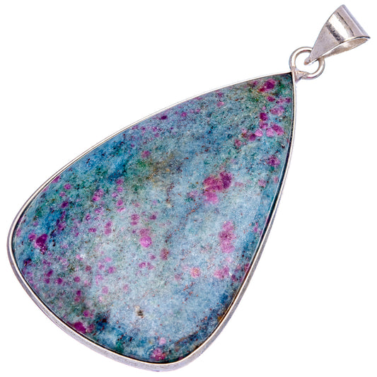 Teardrop gemstone pendant, silver-plated frame around blue-green and magenta speckled stone