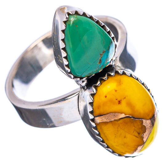 Sterling silver adjustable ring with green turquoise teardrop and yellow cabochon stones